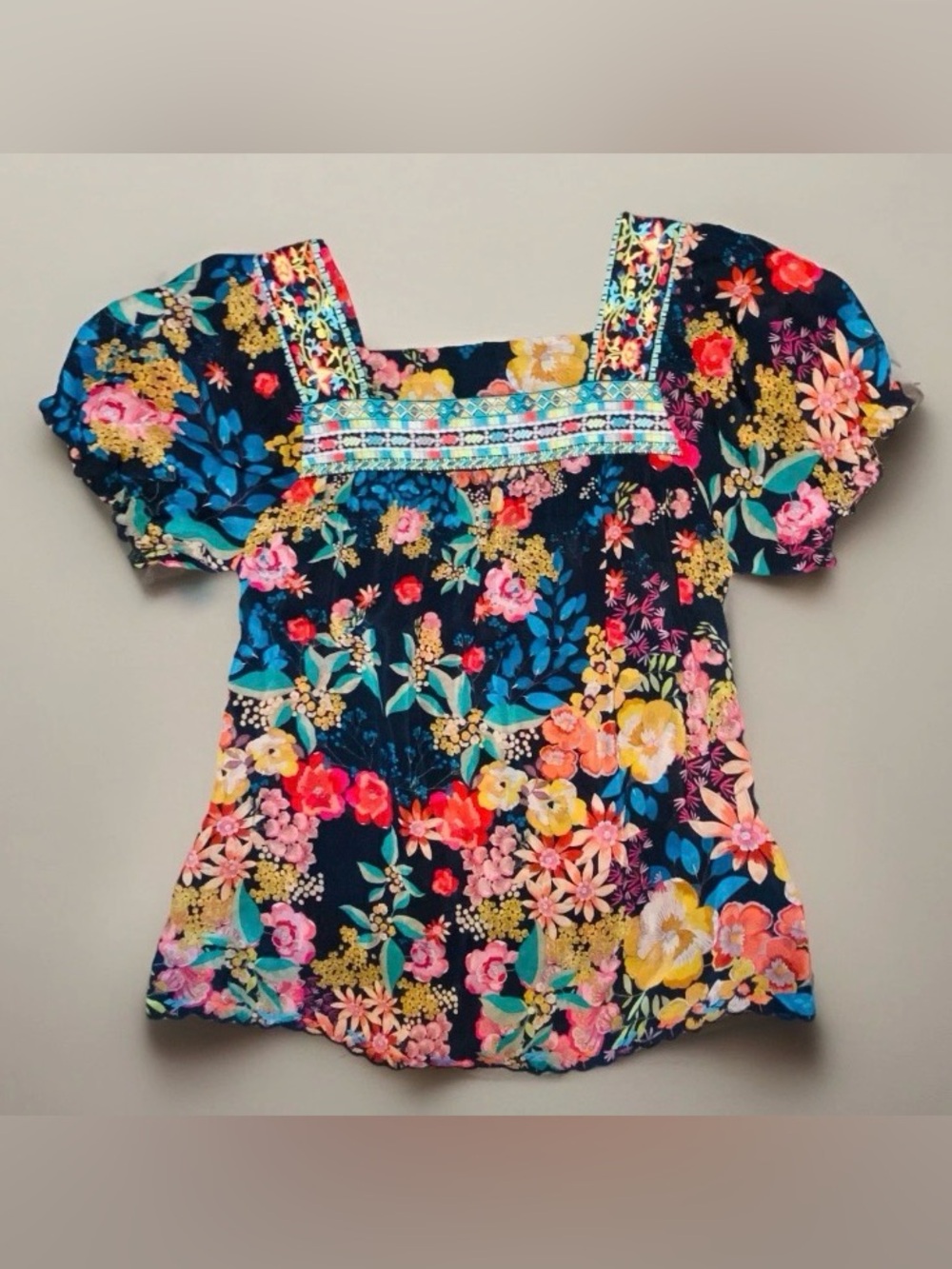 JOHNNY WAS Brisbane Embroidered Floral Short Sleeve Square Neck Tunic Blouse | L